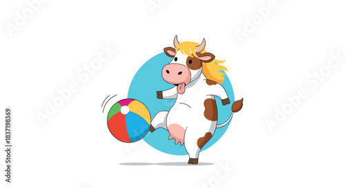 Cheerful cartoon cow with blonde hair joyfully kicks a colorful beach ball, engaged in a playful sporting activity on white.