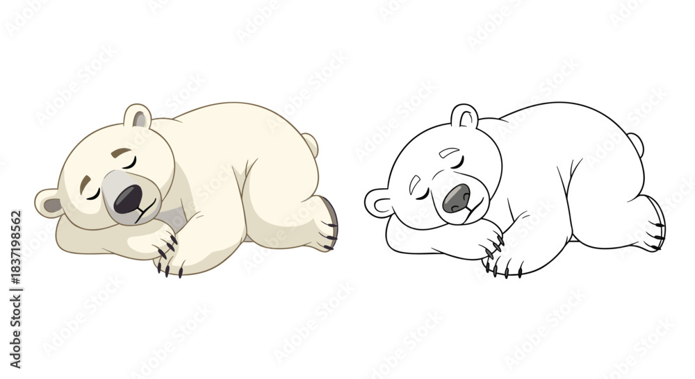 Fototapeta premium Cute polar bear cub sleeping peacefully on its side, shown as both a full-color illustration and a black-and-white outline.