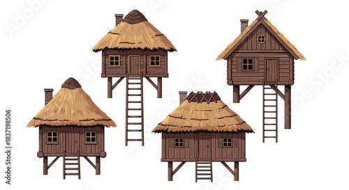 Set of four medieval or fantasy wooden stilt houses with thatched roofs and ladders, perfect for a village-building video game.