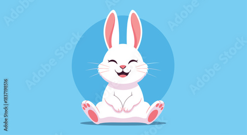 Cute white Easter bunny sitting happily with its eyes closed and a joyful smile, set against a simple blue circular background.