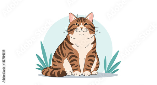 Content and plump tabby cat sitting comfortably in the grass with a satisfied smile, looking very pleased on a beautiful day.