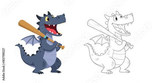Cute dragon baseball player holding a wooden bat and ready to hit the ball, shown in full color and as a coloring page outline.