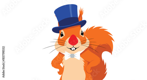Dapper squirrel character dressed in a fancy blue top hat, white bow tie, and a confident smile, looking very sophisticated.