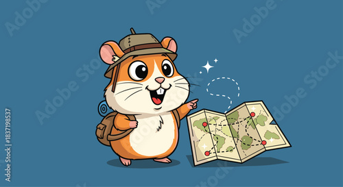 Adventurous hamster explorer wearing a safari hat and backpack, excitedly pointing to a location on a treasure map he is holding.