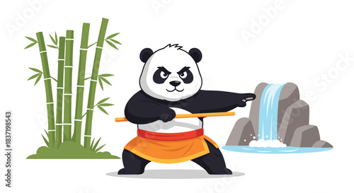 Panda character practicing kung fu with a staff, standing in a martial arts pose with bamboo and a waterfall in the background.