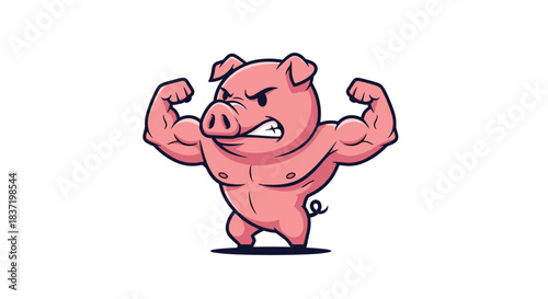 Strong and muscular pig character flexing its biceps with an angry and determined expression, ready for a tough workout or fight.