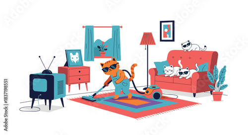 Cool cat character wearing sunglasses and overalls vacuums the living room while other cool cats relax on the sofa in style.