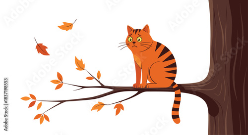 Sad and scared ginger tabby cat sitting on a tree branch during autumn as leaves fall, looking worried and lonely in the wind.