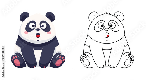 Surprised or shocked baby panda character sitting with wide eyes and an open mouth, shown in color and as a coloring outline.