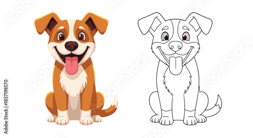 Happy brown and white dog sitting with its tongue out and a big smile, shown in a full-color and line art coloring version.