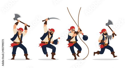 Set of four pirate characters in various action poses, including fighting with an axe, holding a bomb, and swinging on a rope.
