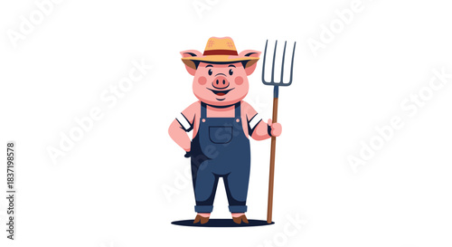 Smiling pig character dressed as a farmer in blue overalls and a straw hat, standing cheerfully while holding a pitchfork on a clean white background.