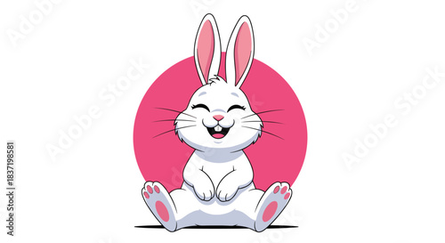 Adorable white cartoon rabbit sitting with a huge smile and closed eyes, radiating pure joy in front of a bright pink circular background.