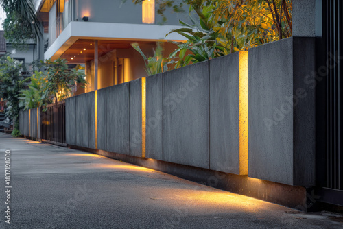 A minimalist concrete fence softly glows with uplights, creating an inviting atmosphere. In the background, a stylish modern villa enhances the tranquil evening scenery