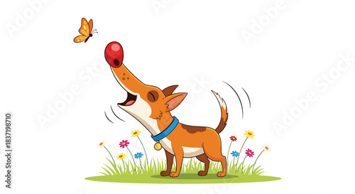 A cute cartoon dog with a red nose stands in a field of colorful flowers, joyfully barking or howling at a small orange butterfly flying above it.