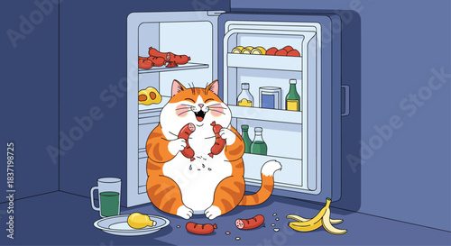 A very fat and happy ginger cat sits on the floor at night, gleefully eating sausages in front of an open, fully stocked refrigerator.