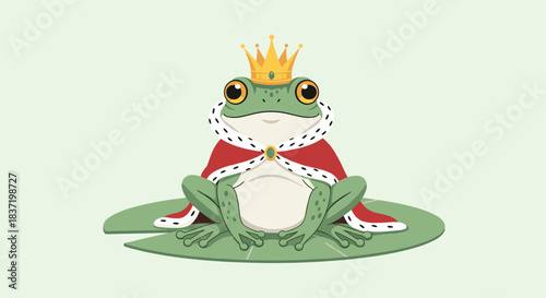 A regal frog prince wearing a golden crown and a red royal cape sits majestically on a green lily pad, embodying a classic fairytale character.