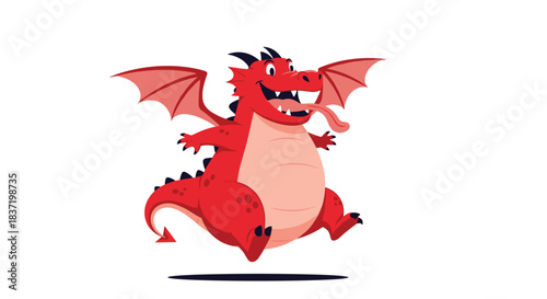 A goofy and chubby red cartoon dragon jumps into the air with a joyful expression, sticking its long tongue out in a playful and energetic display.