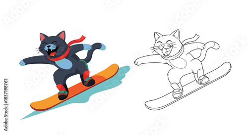 A happy black cat wearing a red scarf joyfully rides a snowboard, with both a full-color illustration and a black-and-white line art for a coloring page.