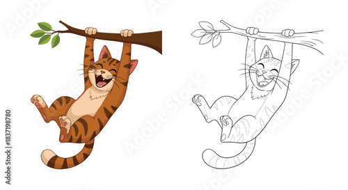 A joyful ginger tabby cat laughs out loud while hanging playfully from a tree branch, presented in both a color and a black-and-white line art version.