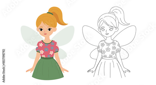 A sweet and gentle fairy girl with blonde hair in a ponytail, wearing a floral top and green skirt, shown in both color and line art for coloring.