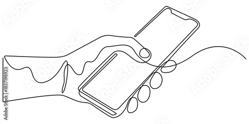 Drawing of a hand holding a smartphone vertically, in one line art style. Illustration with editable stroke on a white background. Vector illustration.