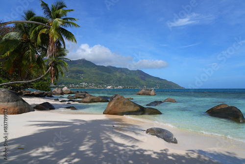 Slika na platnu View of the picturesque tropical Beau Vallon Beach in Mahe, Seychelles, on the I
