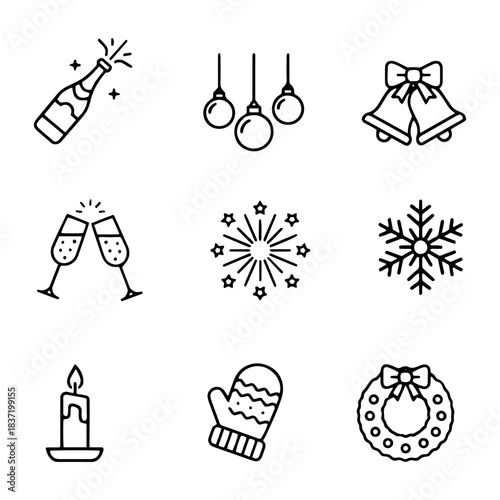 New Year and Winter Line Icons Set
