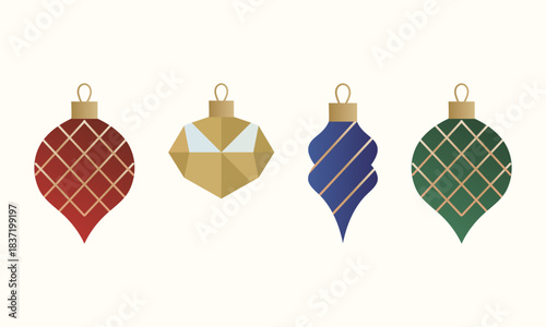 Set of Modern Geometric Christmas Ornaments in Gold, Red, Blue, and Green