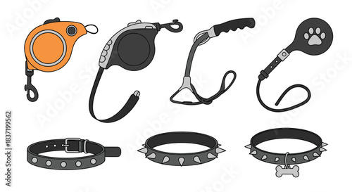 Set of various dog accessories including different styles of collars and retractable leashes for walking and training pets.