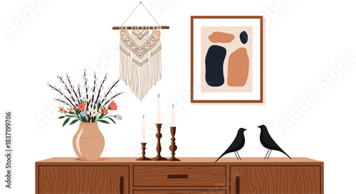 Modern boho style interior decor featuring a wooden sideboard a macrame wall hanging and abstract art for a cozy home.