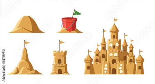 Step-by-step illustration showing the process of building a sandcastle on the beach from a simple pile to a complex fort.