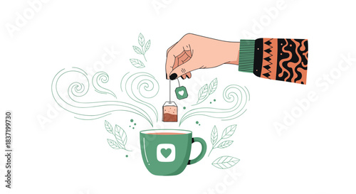A hand dipping a tea bag into a steaming green mug creating a cozy and relaxing moment for a tea lover illustration.
