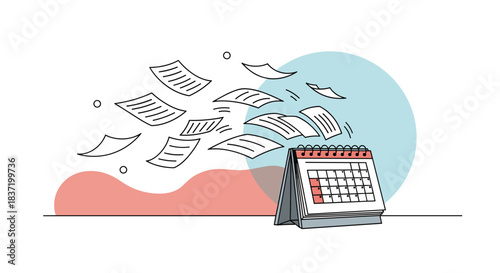 A conceptual illustration of papers flying away from a calendar representing deadlines business stress and the passage of time.