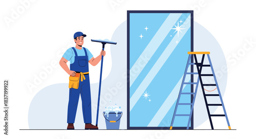 A professional cleaner from a janitorial service wearing a uniform and washing a large shiny window with a squeegee.