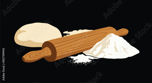 A classic wooden rolling pin with a ball of fresh dough and a pile of white flour ready for baking on a black background.
