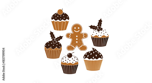 A sweet collection of festive Christmas desserts including decorated cupcakes and a gingerbread man cookie in brown tones.
