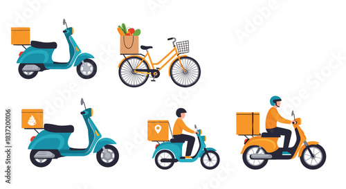A set of vehicles used for food and grocery delivery services including scooters a bicycle and delivery drivers.