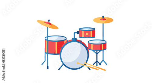 A simple and colorful cartoon illustration of a red drum set with cymbals and drumsticks on a white background.