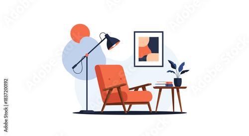 A cozy and modern living room interior with an armchair a floor lamp a small table and abstract wall art.