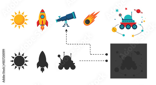 A matching game for children with space-themed icons like a rocket and rover and their corresponding shadows.
