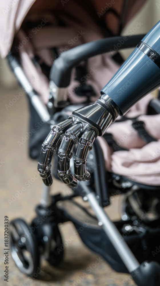 Fototapeta premium A cybernetic robot arm gently grips a baby stroller handle in a modern setting, showcasing innovative technology designed to aid parents in child care tasks