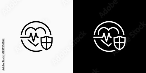 Heart rate monitor lines and protective shield symbol in simple style.