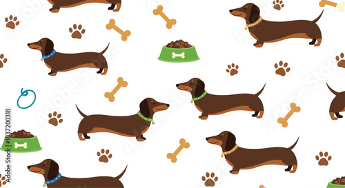 A cute seamless pattern of dachshund dogs with food bowls bones and paw prints on a white background.