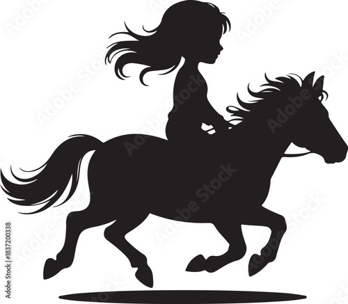 Silhouette of a young girl riding a galloping horse with flowing hair