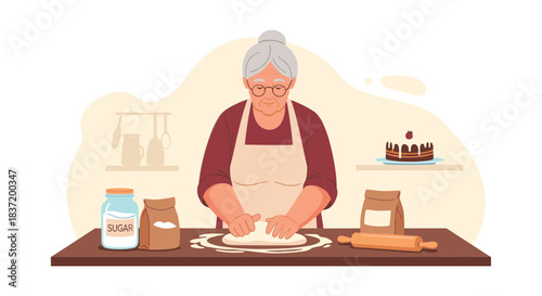 A lovely grandmother in an apron kneading dough on a wooden table to bake a cake or bread in her cozy kitchen.