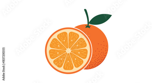 A simple and modern graphic illustration of a whole orange and a cut half showing the juicy segments inside.