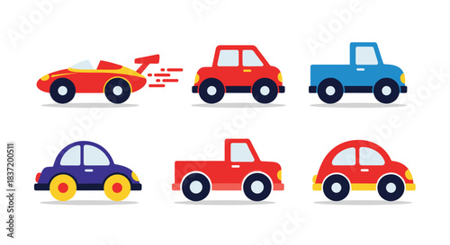 A cute and colorful set of six cartoon toy cars including a race car a pickup truck and a beetle car for children.