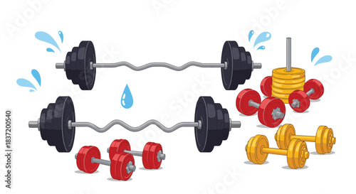 Collection of colorful gym equipment including barbells dumbbells and weight plates for strength training and bodybuilding workouts.
