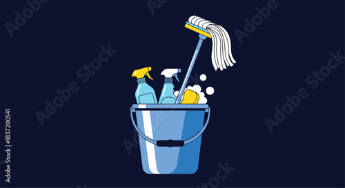 A blue bucket filled with various cleaning supplies like spray bottles a sponge and a mop for household chores.
